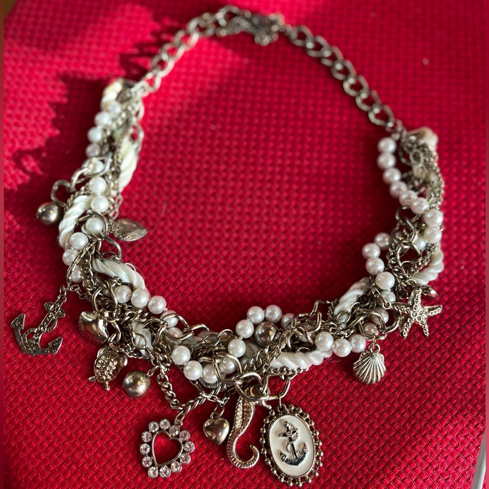 Nautical faux pearl and rope charm necklace